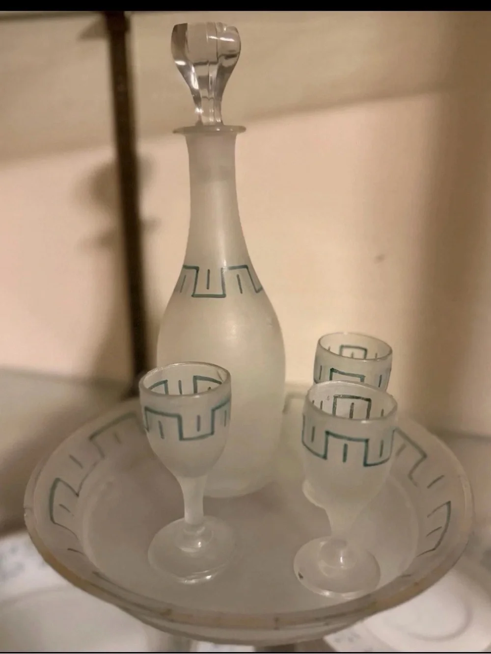 Vintage Frosted Glass Decanter Set Greek Key Tray & 3 Cordial Glasses MCM